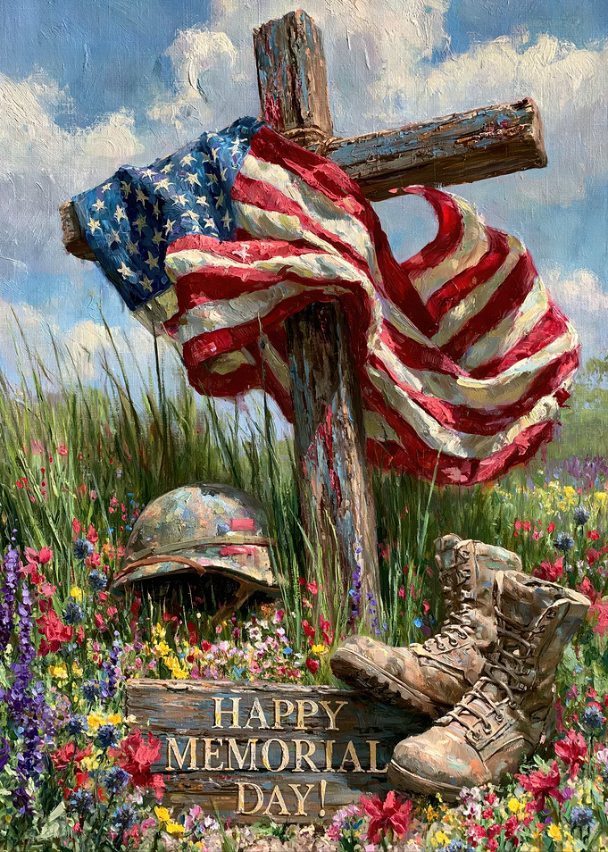 Memorial Day Cross with Flag and Military Gear