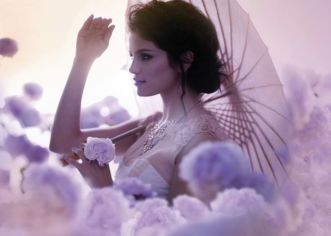 Woman with Parasol in Floral Setting