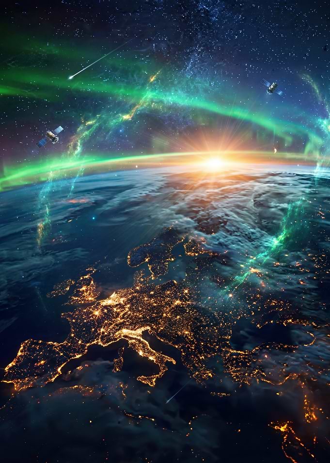 Earth from Space with Aurora and Sunrise