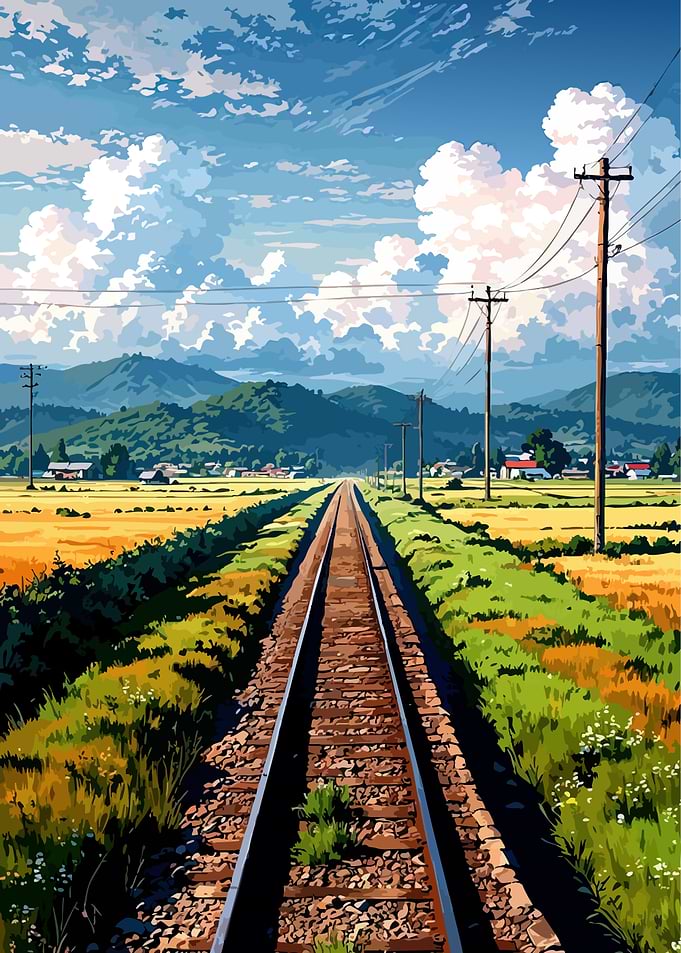 Train Tracks Through Rural Landscape