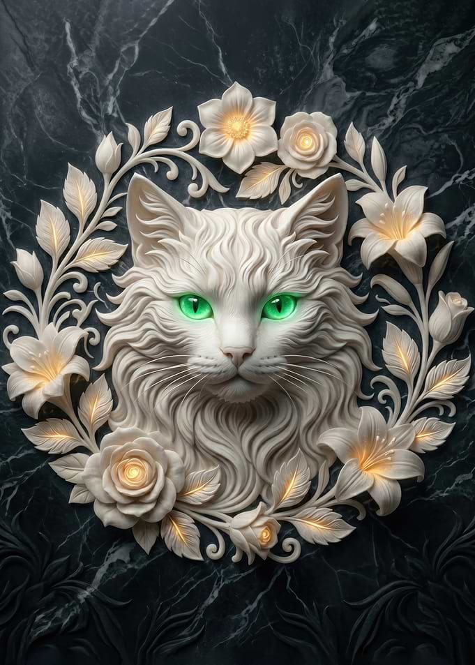 White Cat Sculpture with Flowers