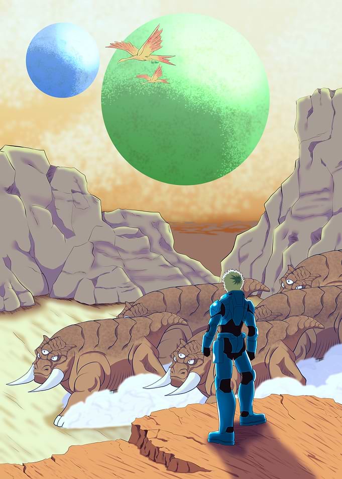 Sci-fi explorer encounters alien creatures