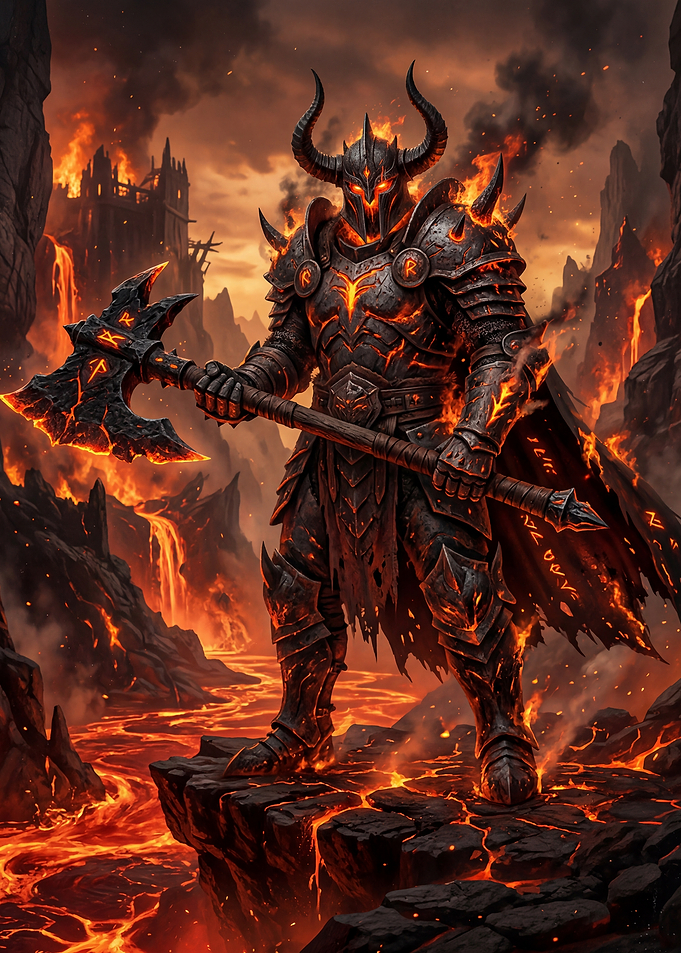 Fiery Knight with Axe in Hellscape