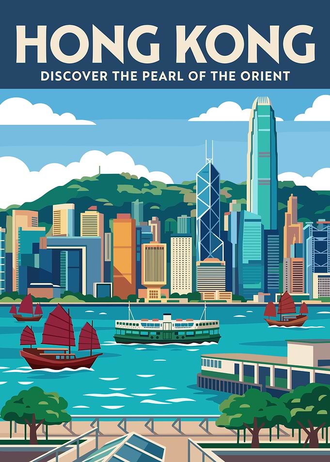 Hong Kong Skyline with Junks and Ferry
