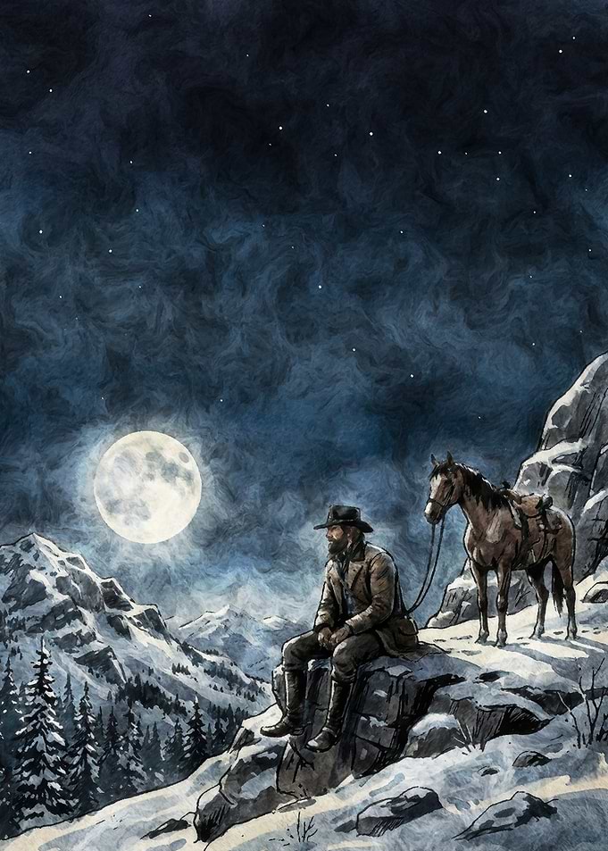 Man and horse in snowy mountains at night