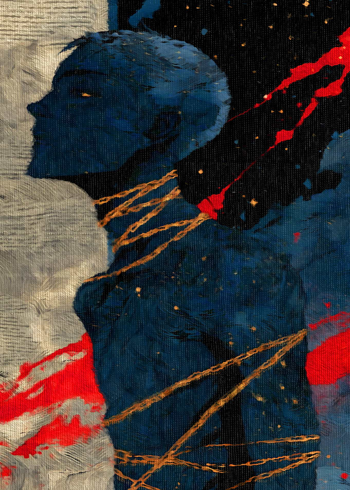 Abstract Figure with Chains and Red Splatter