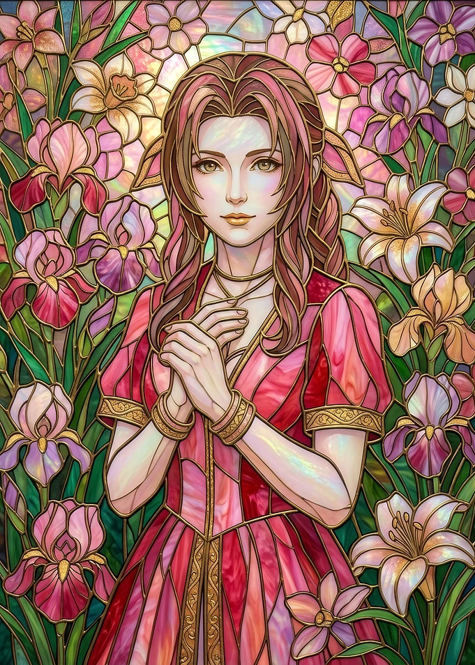 Stained Glass Anime Girl with Flowers