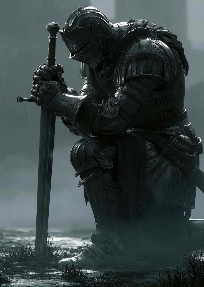 Knight Kneeling in Rain