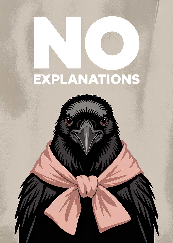 Crow with 'NO EXPLANATIONS' text