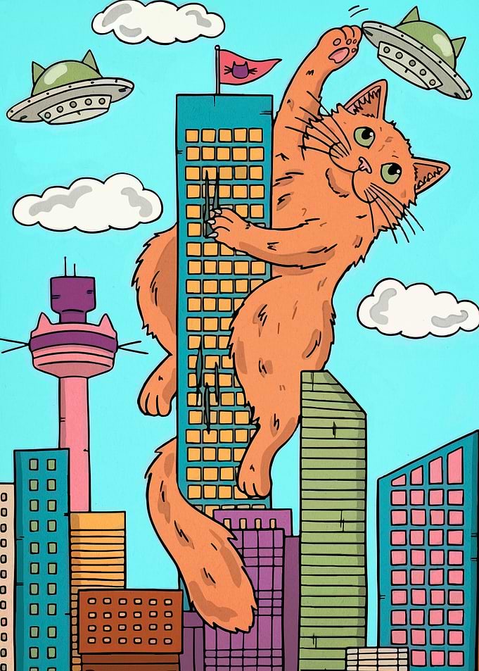 Giant Cat Climbs City Buildings