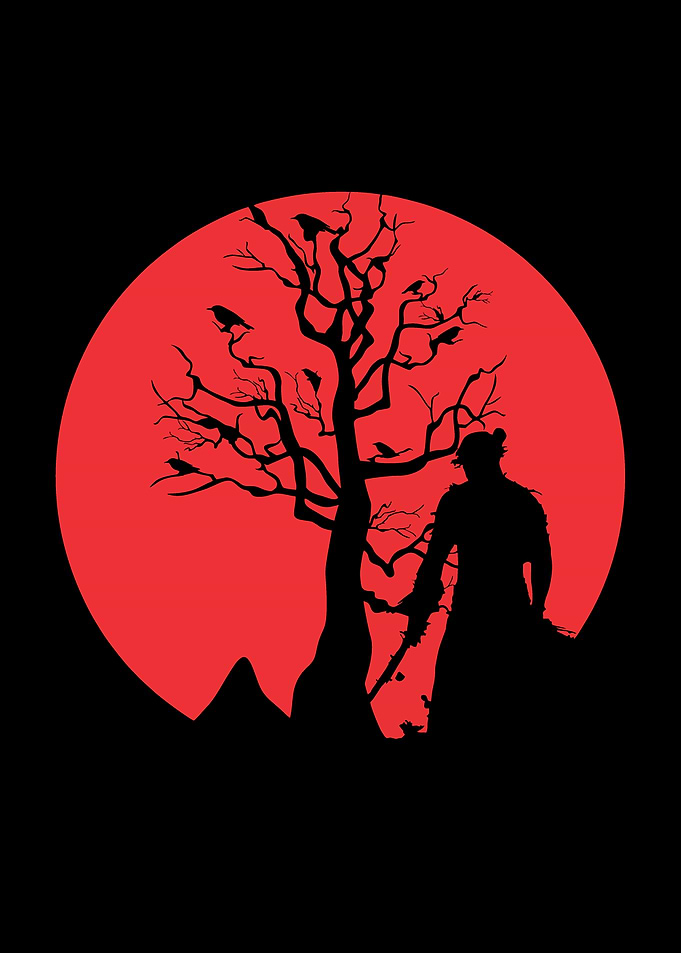 Samurai Silhouette Under Red Moon