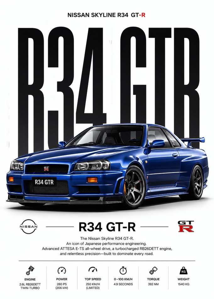 Blue Nissan Skyline R34 GT-R Car Poster