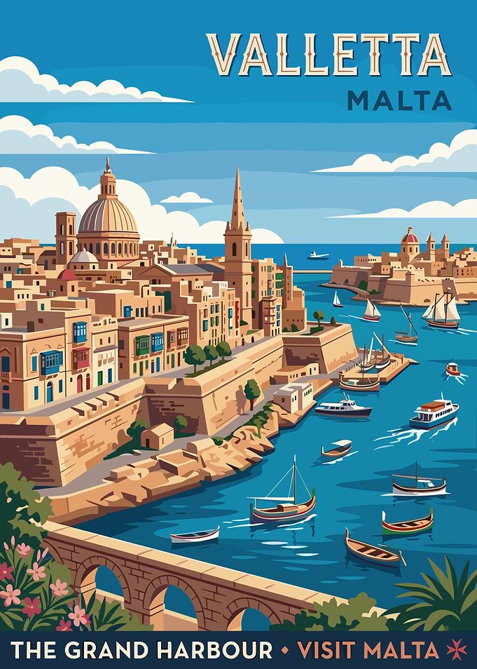 Valletta Grand Harbour Vintage Poster