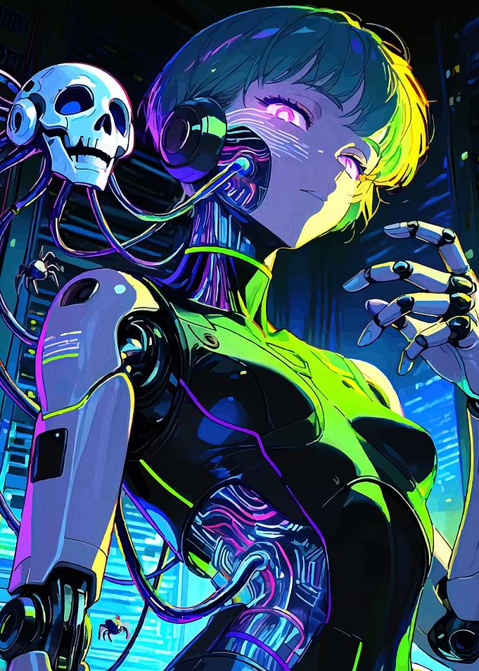 Cyberpunk Anime Robot Girl with Skull