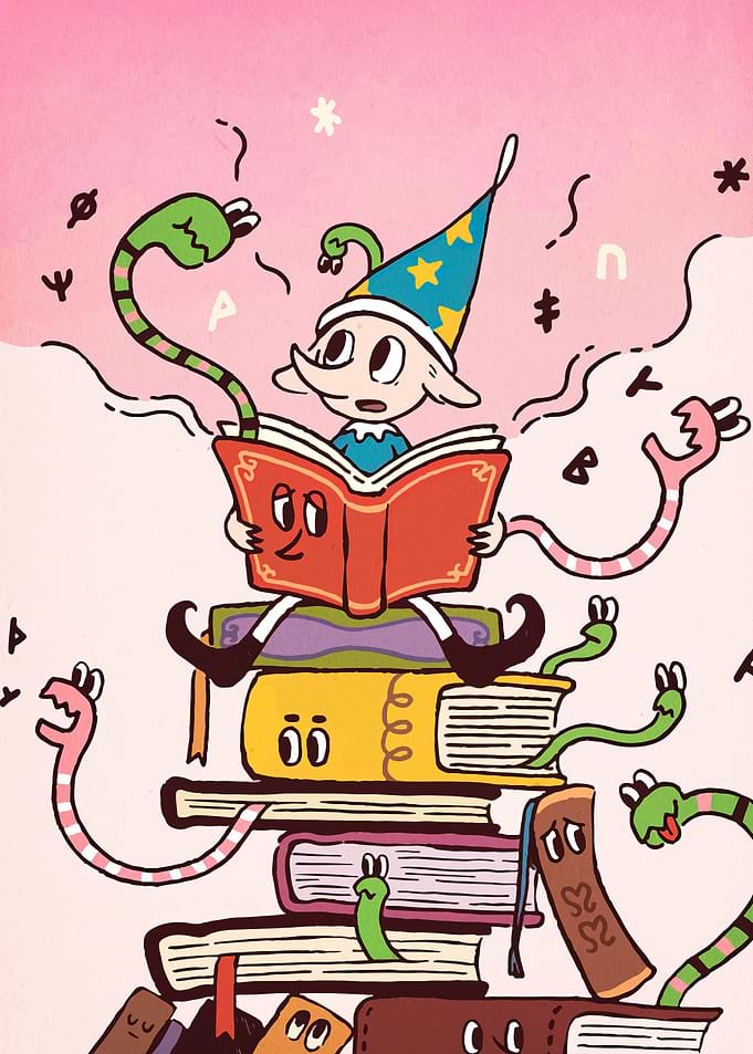 Elf Reading Books with Snakes
