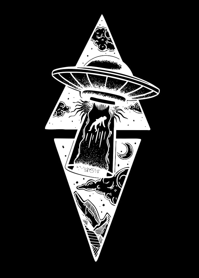 UFO Abducting Human in Geometric Design