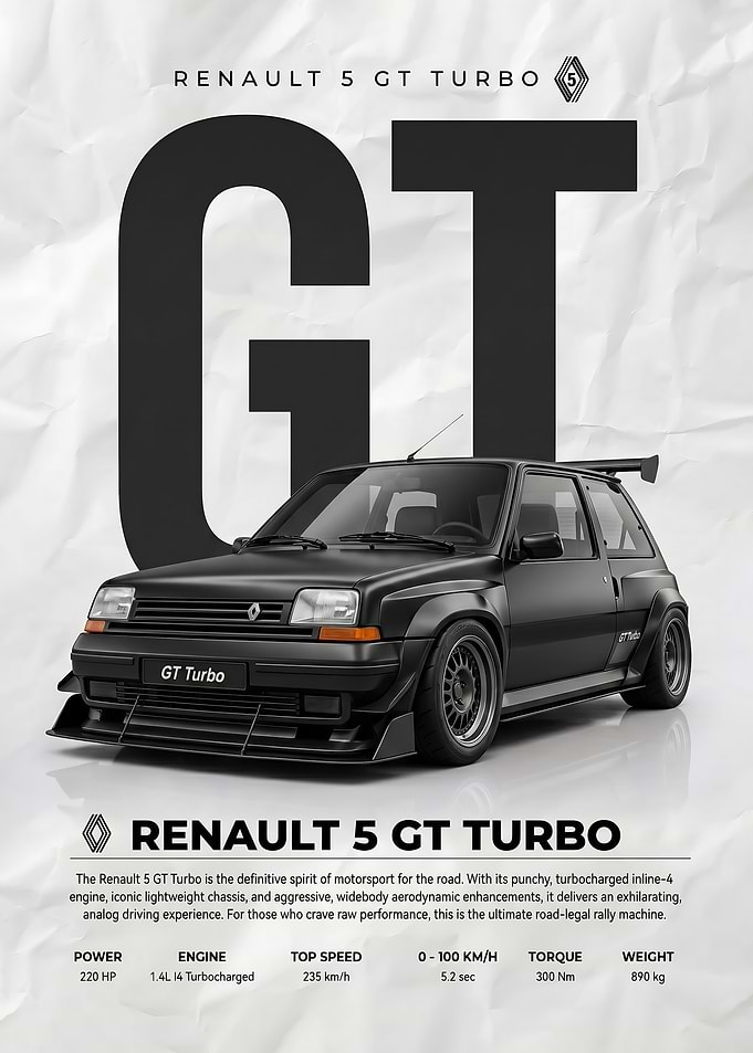 sleek black Renault 5 GT Turbo car Poster