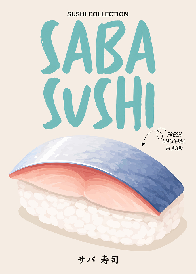 Saba Sushi Poster – Minimalist Mackerel Sushi Illustration