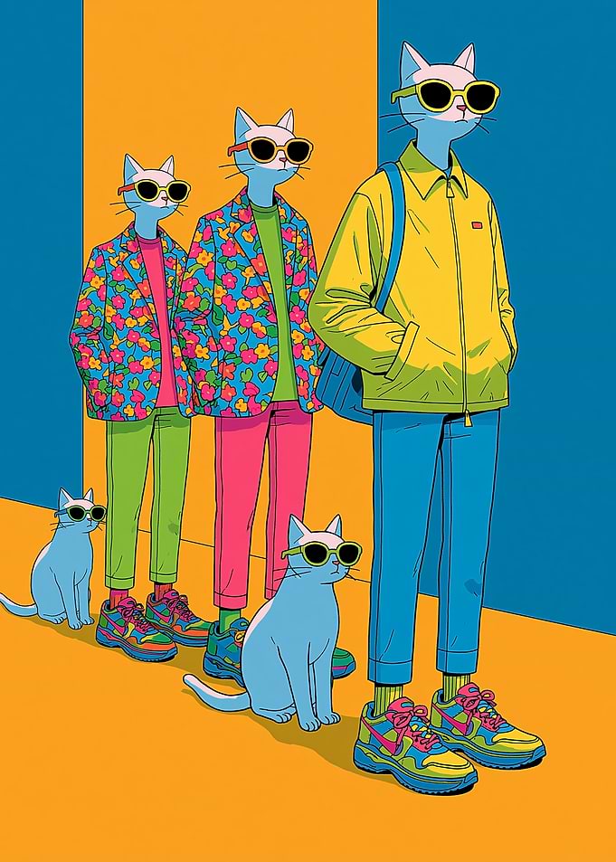 Cats in stylish outfits and sneakers