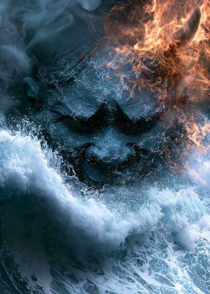 Fiery Demon Face in Water