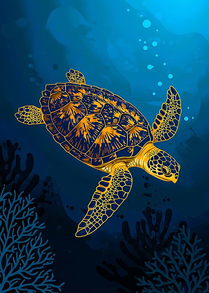 Golden Sea Turtle Underwater
