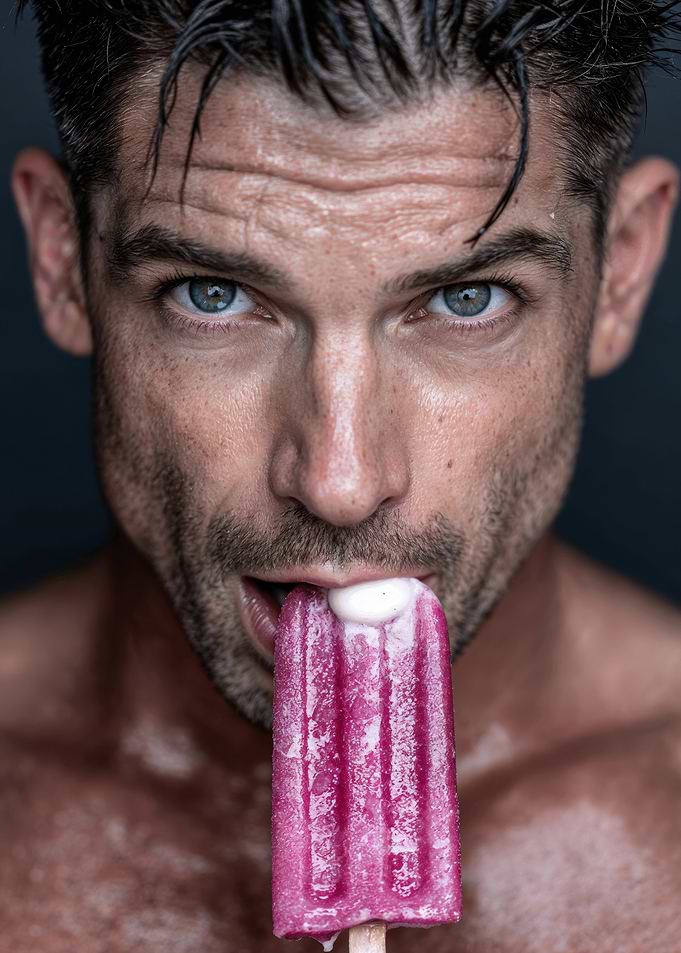 Close Portrait Man Eating Popsicle