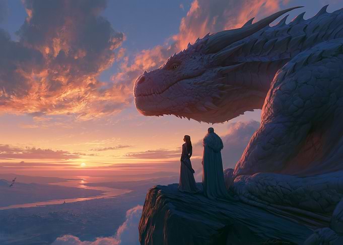 Dragon and figures at sunset