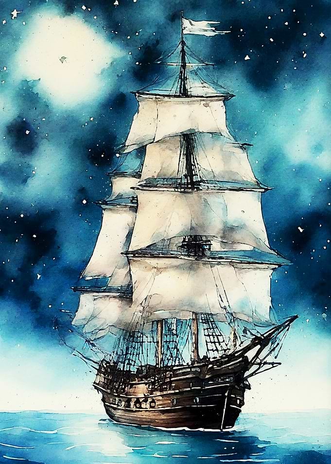 Sailing Ship Under a Starry Sky