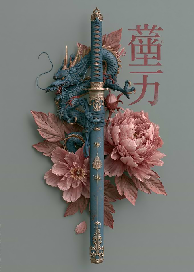Dragon and Katana Sword with Peonies