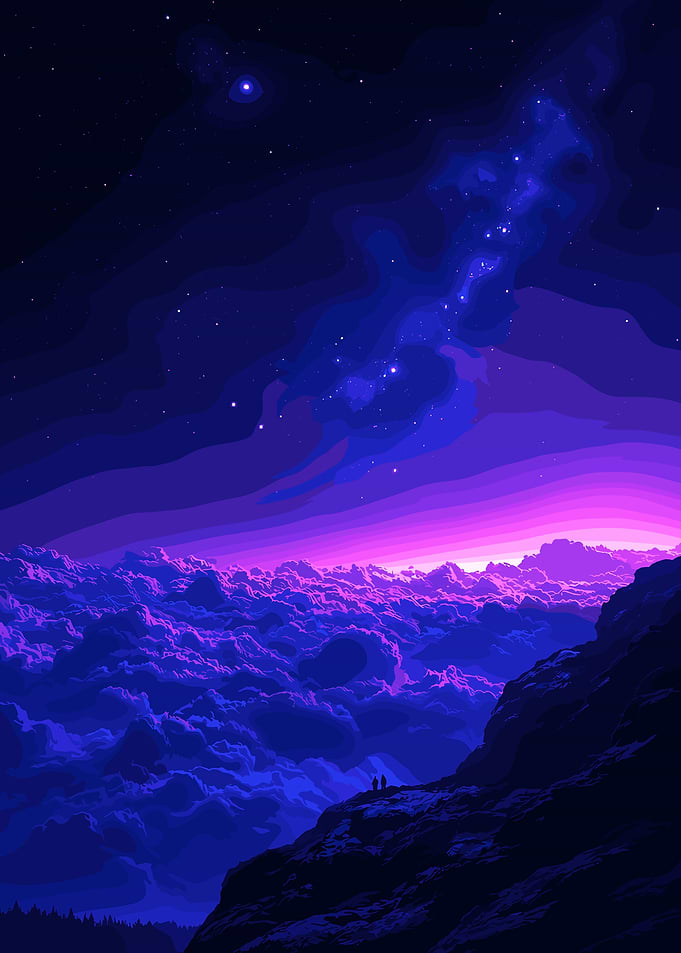 Cosmic Landscape with Silhouetted Figures