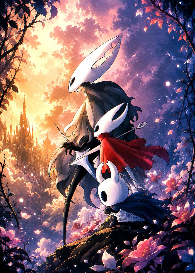 Hollow Knight Characters in Fantasy Landscape
