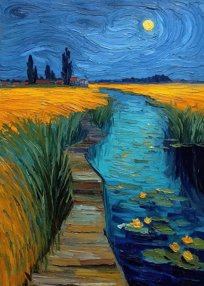 Moonlit Wheat Field and Canal