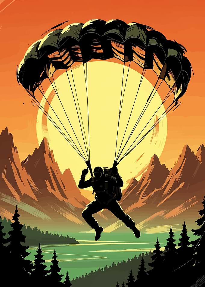 Skydiver over Mountains at Sunset