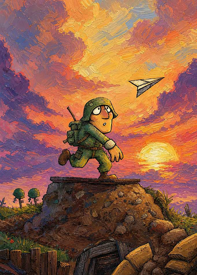 Soldier Chasing Paper Airplane at Sunset