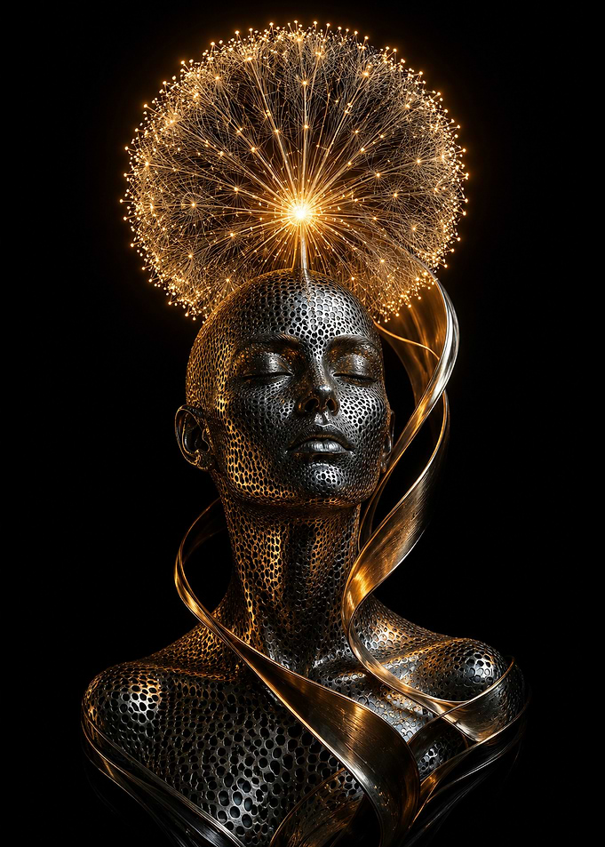 Futuristic Head with Dandelion Aura