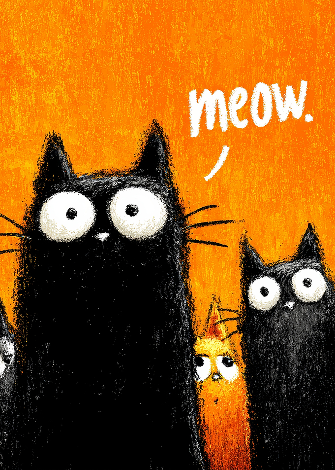 Funny Black Cats with 'Meow' Speech Bubble