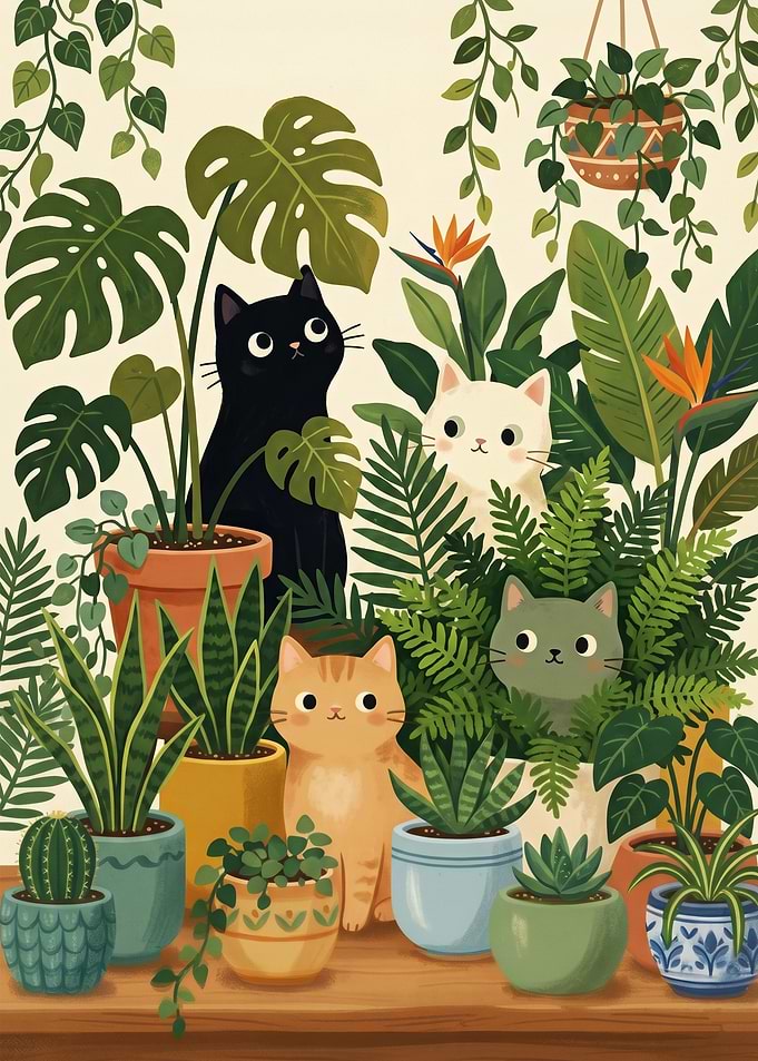 Cute Cats Among Lush Green Plants