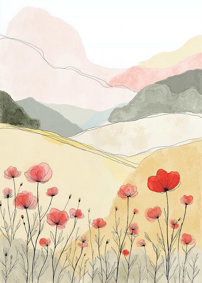 Watercolor Landscape with Poppies