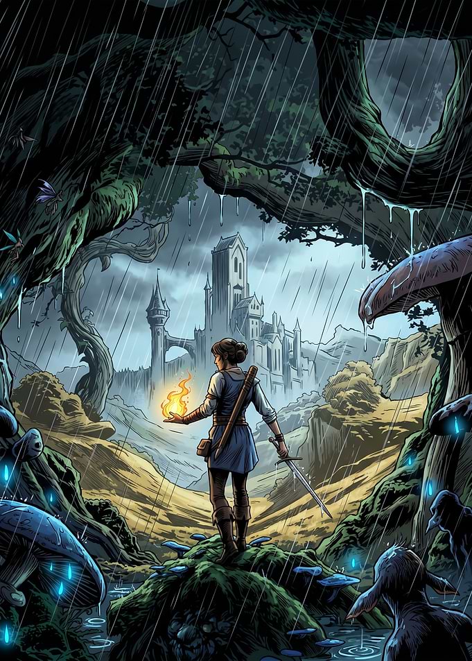 Fantasy Warrior in a Rainy Forest