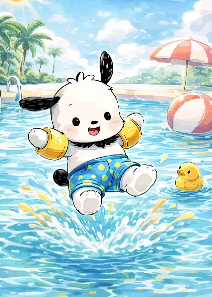 Pochacco jumping into a pool