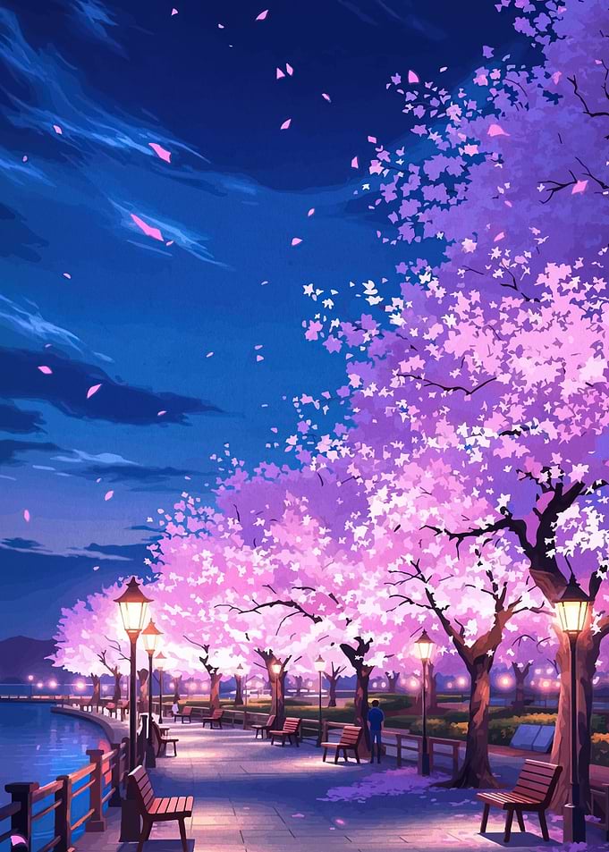 Cherry Blossom Pathway at Night