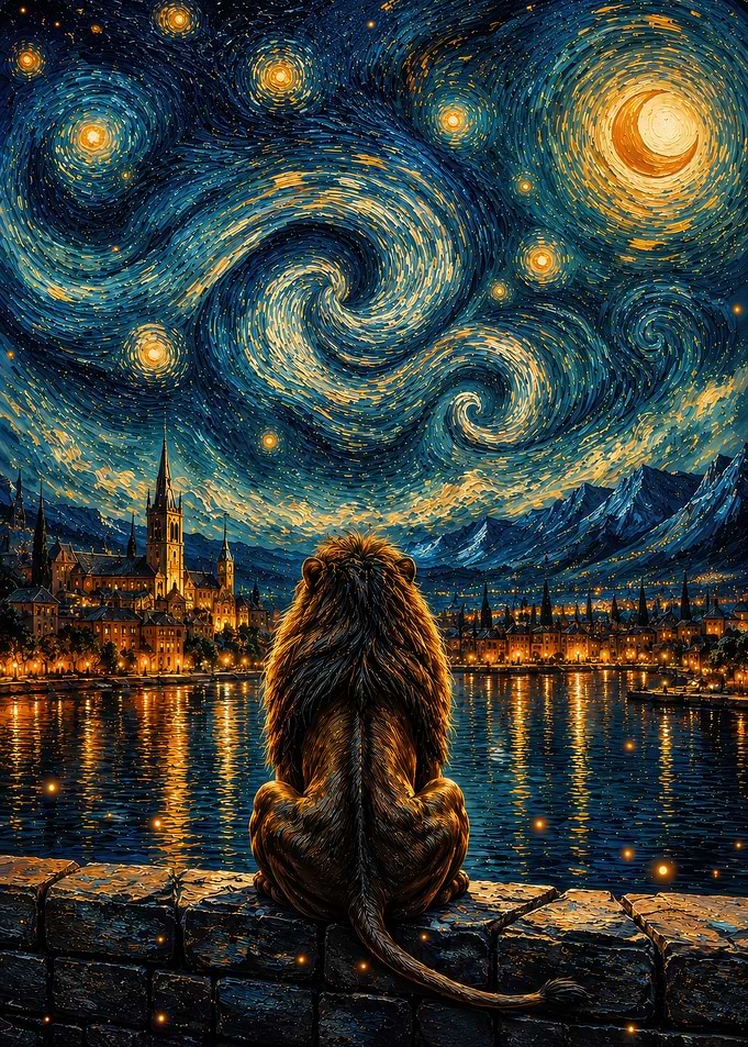 Lion Overlooking Starry Cityscape
