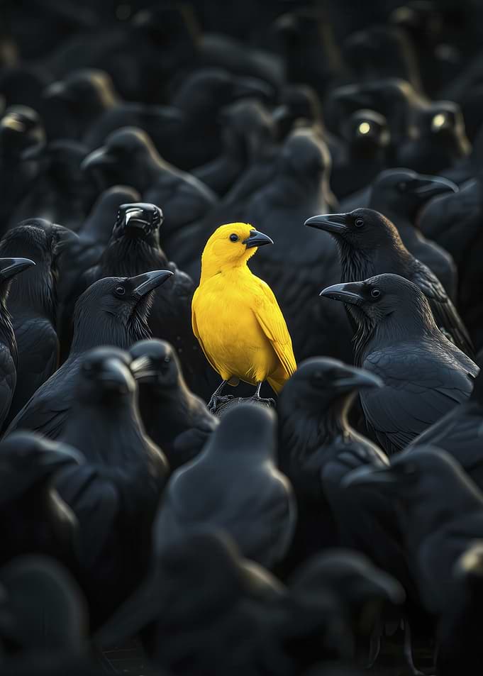 Yellow bird among black birds