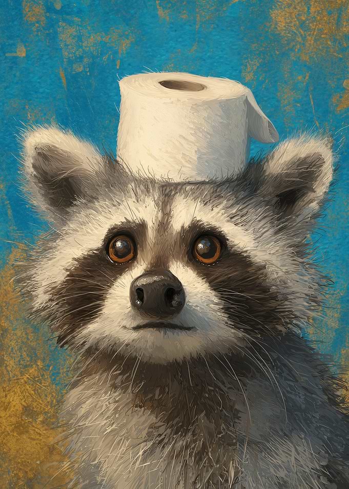 Raccoon Wearing Toilet Paper Hat