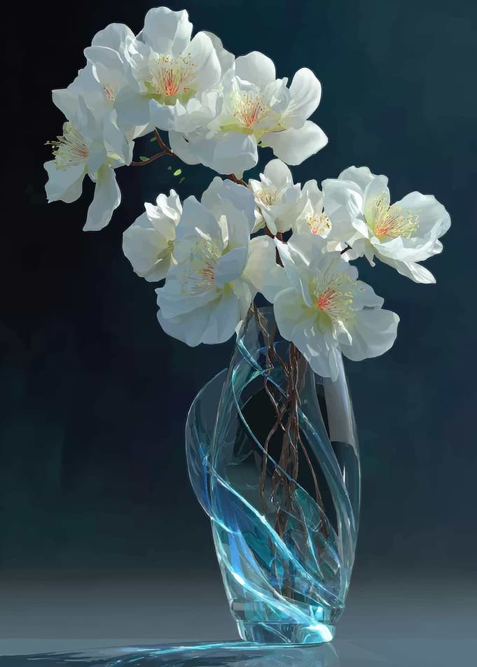 White Cherry Blossoms in a Swirling Vase