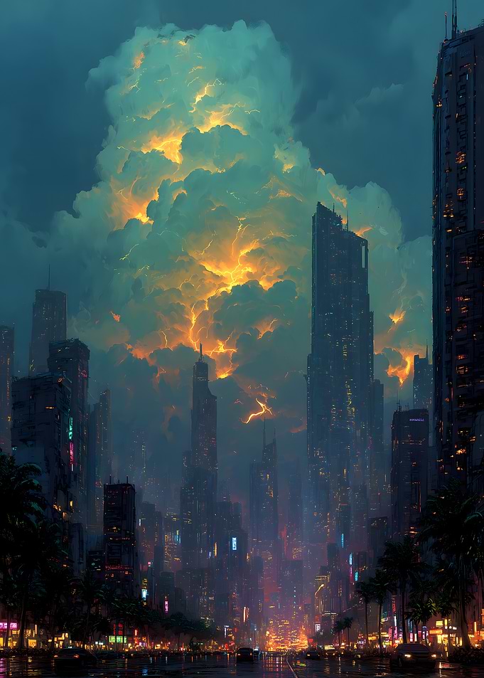 Cyberpunk Cityscape with Fiery Clouds