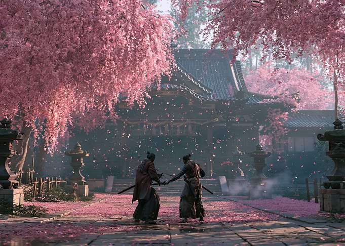 Samurai duel under cherry blossoms