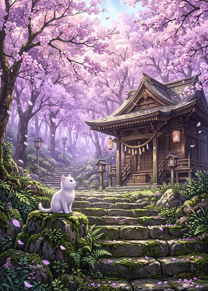 White Cat at Sakura Shrine in Japanese Spring Forest
