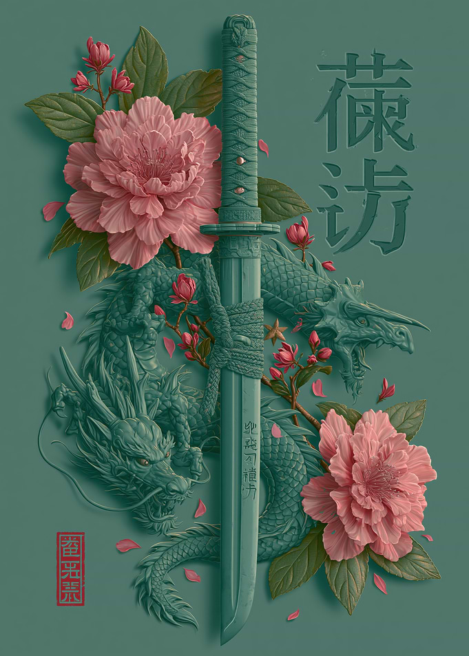Dragon Katana and Peonies