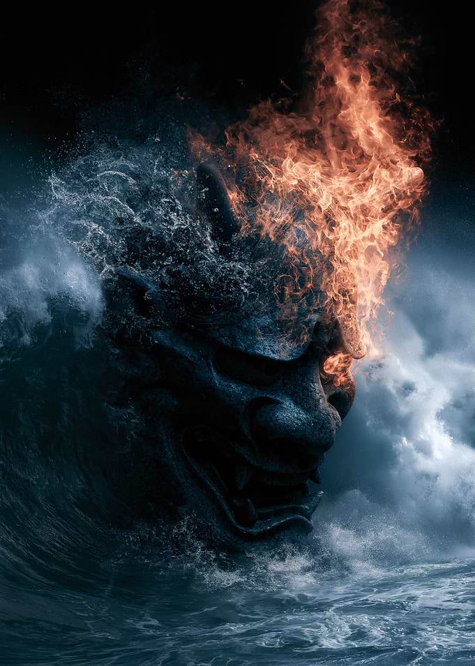 Fiery Oni Mask in Water